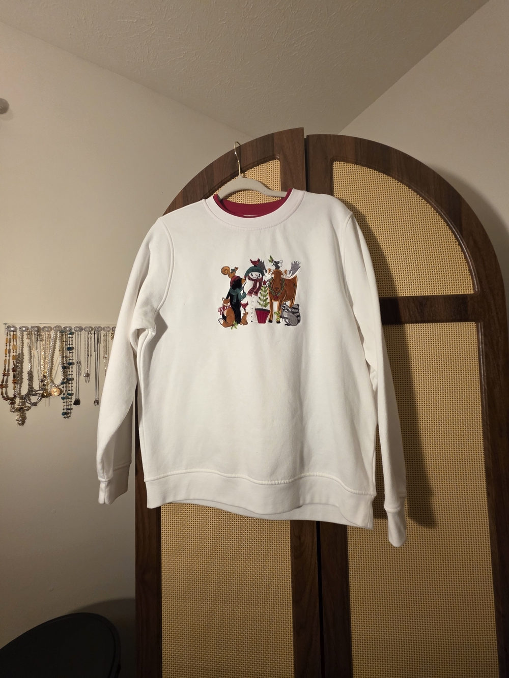 Heritage White Crewneck Sweatshirt with Red Neck Trim and Multicolor Graphic